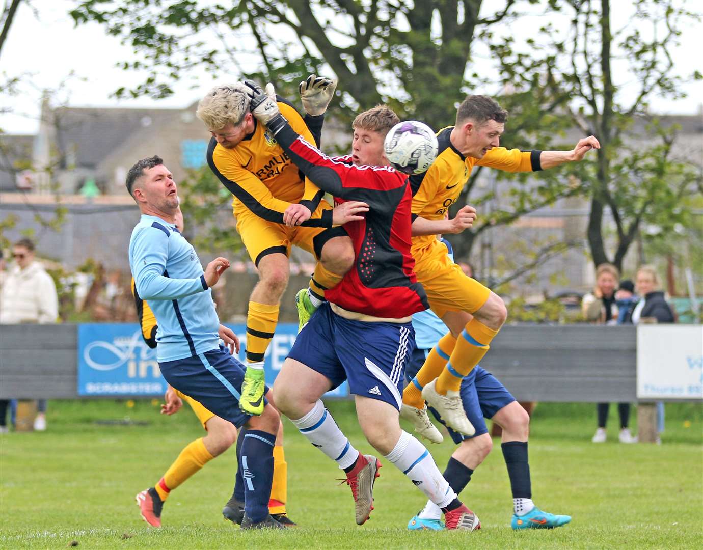 Craig Sutherland scores his second with a header after a fumble by Stafford goalkeeper Joe Mackay. Picture: James Gunn