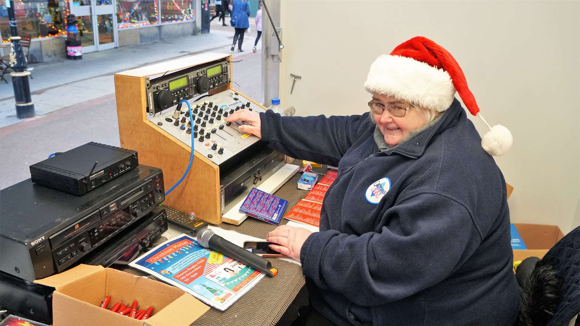 Jackie Johnson, Caithness FM company secretary and director, blasted out Christmas classics in the town centre for Thurso Fun Day celebrations. Picture: DGS