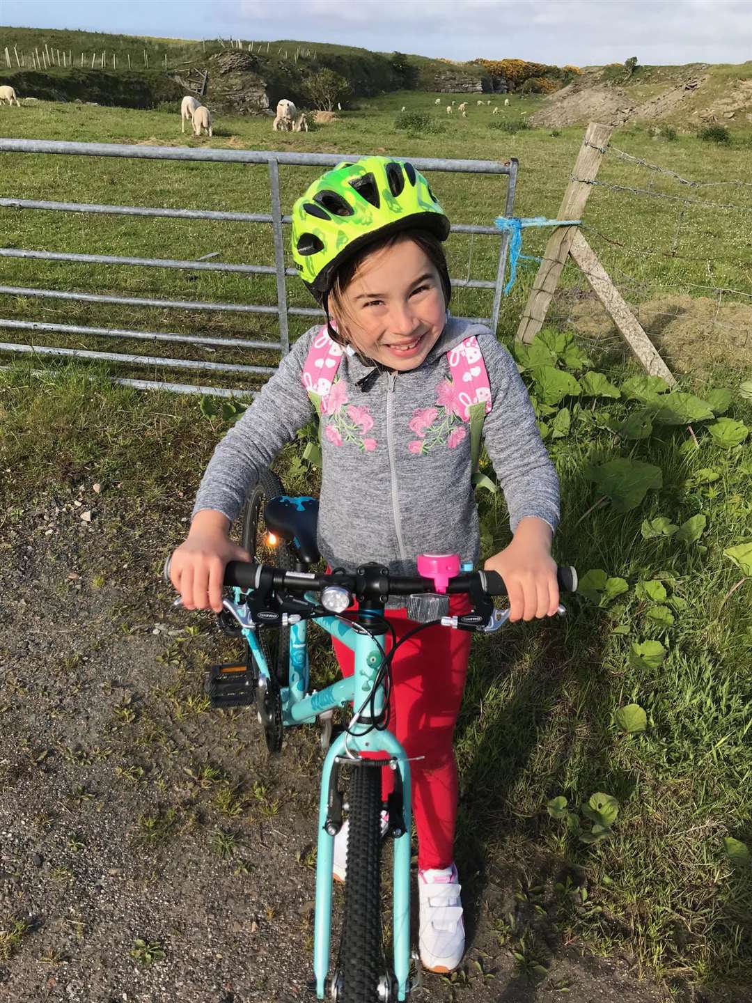 Amy taking a photo opportunity with some sheep in the background while achieving her goal of cycling 110 miles to raise money for her friends at 1st Thurso Rainbows.