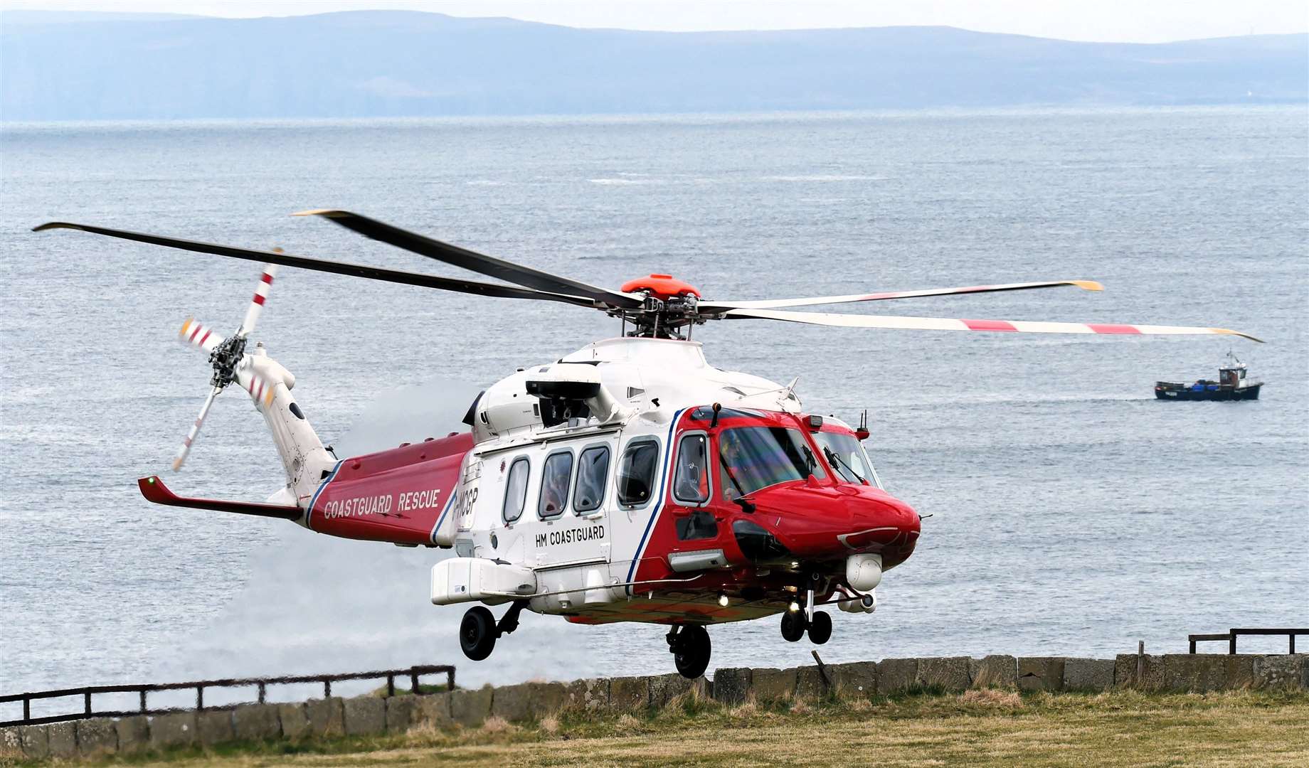 Coastguard rescue helicopter at Victoria Walk in Thurso dealing with a female casualty who had fallen from the cliff. Helicopter leaving the scene 29/03/2024. Picture supplied