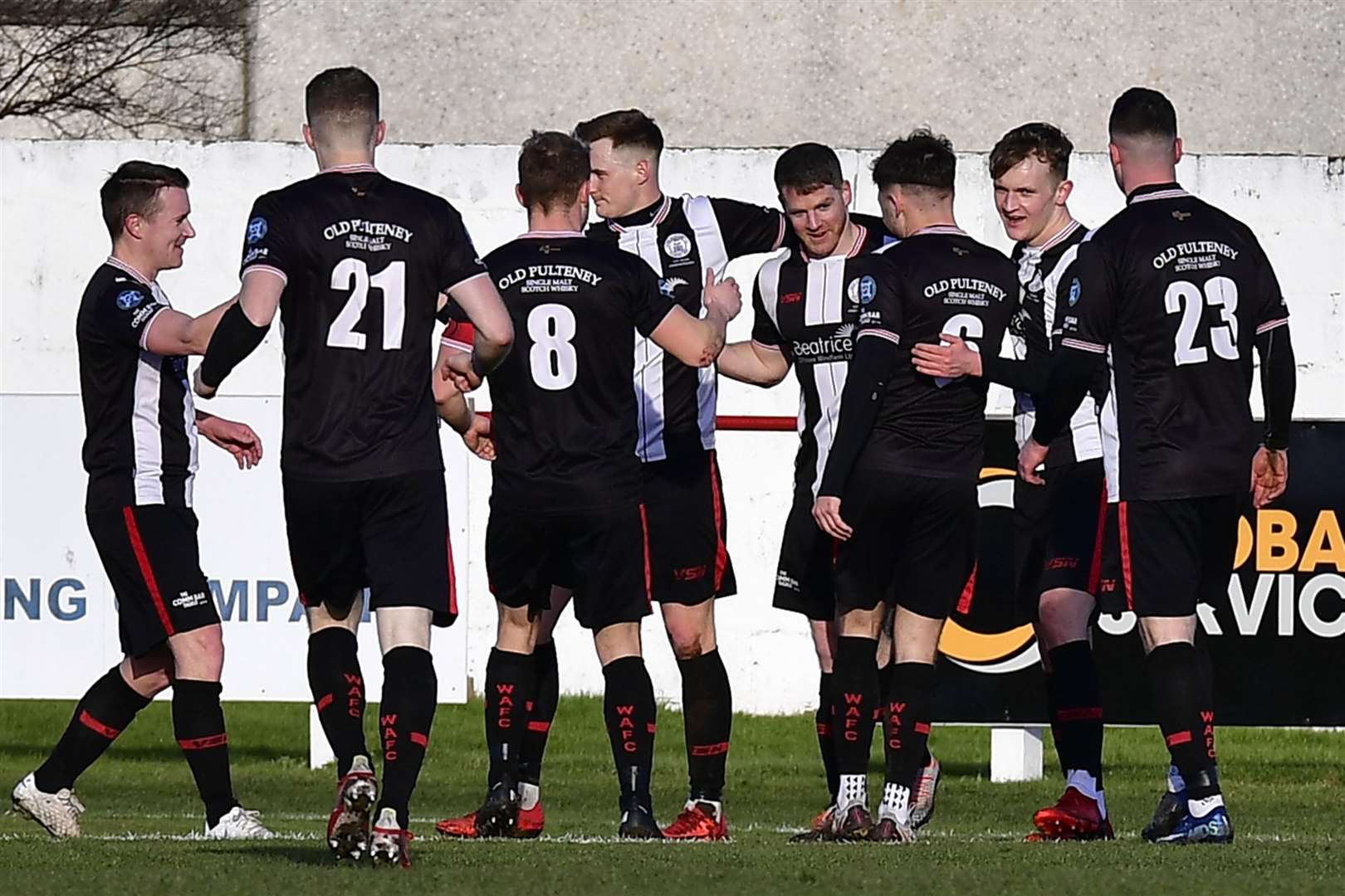 Wick Academy players celebrate Steven Anderson's opener at Dudgeon Park on Saturday. Picture: Mel Roger
