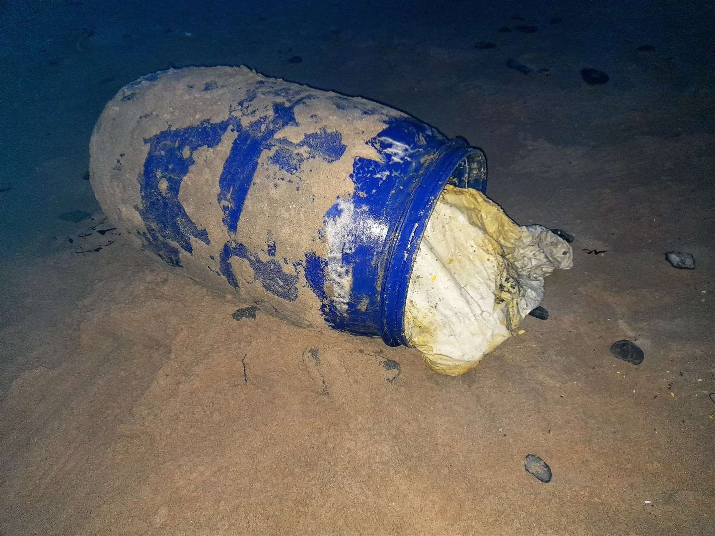 The barrel with its contents exposed at Dunnet beach last Wednesday.