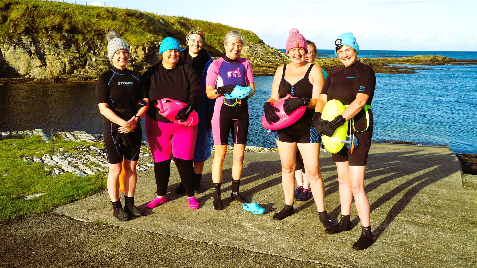 Kait with the Croc along with the Staxigoe Selkies wild swimming group. Picture: DGS