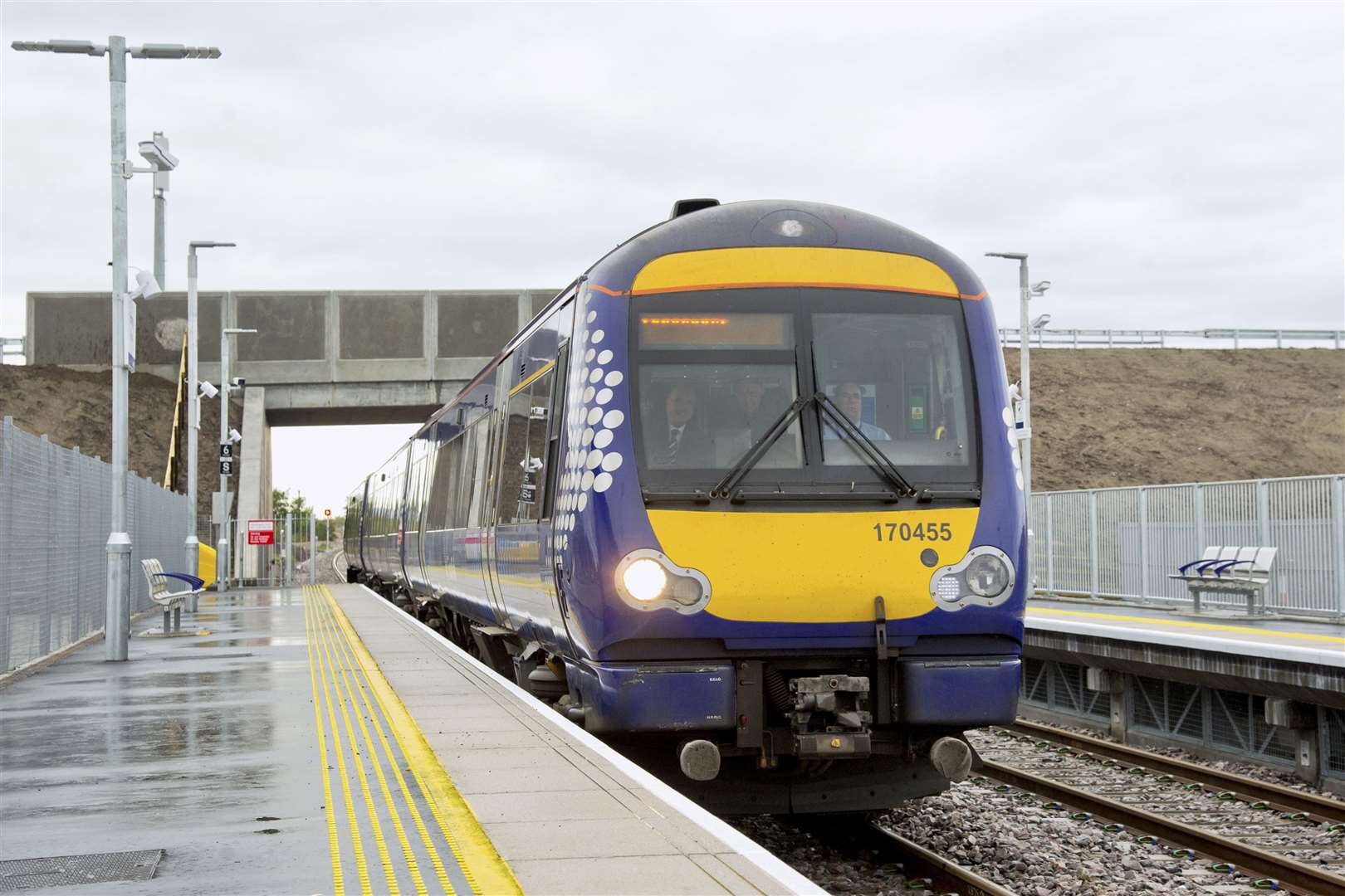 A ScotRail train arrives at a north station.