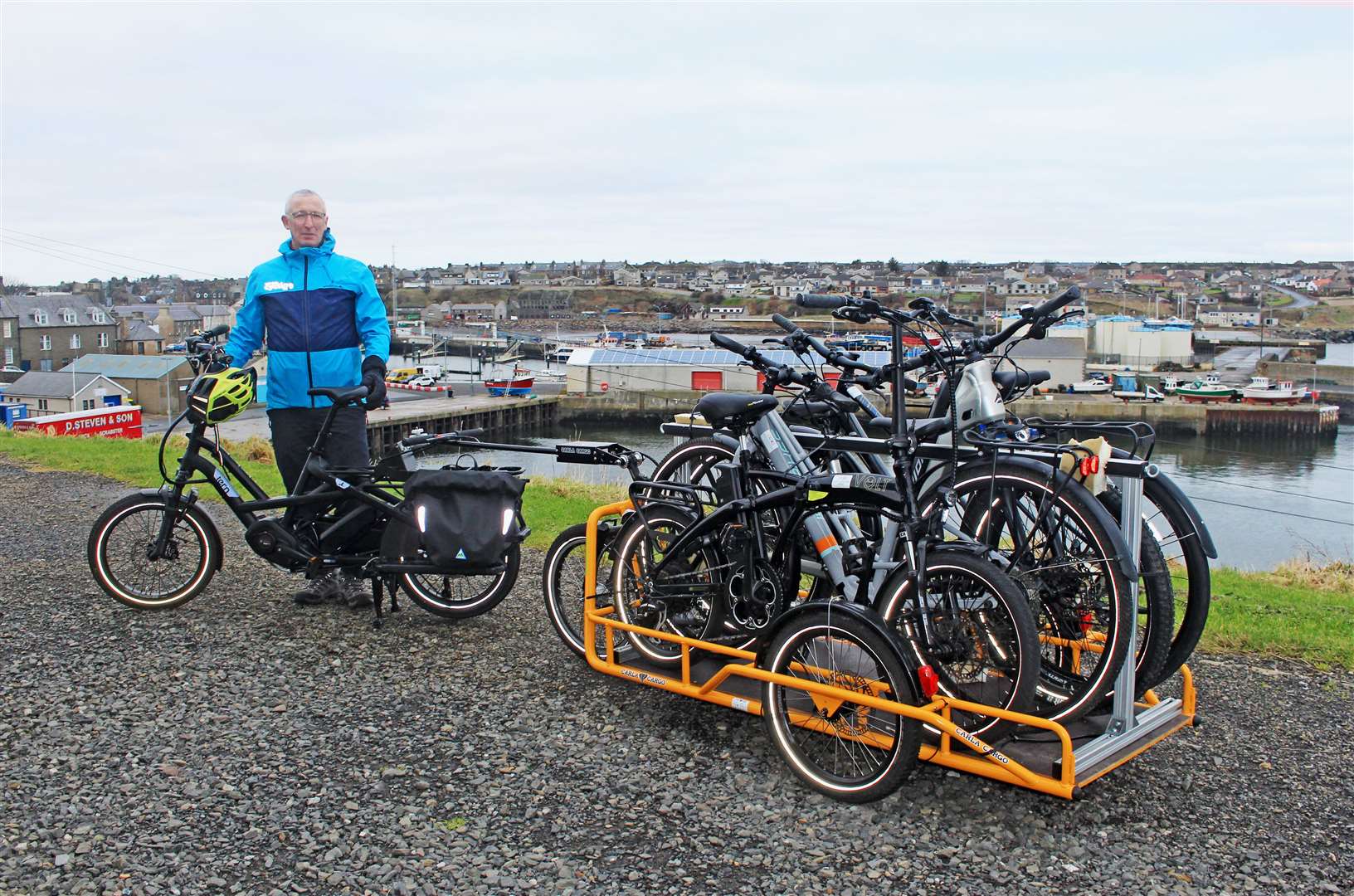George Ewing, Caithness-based development officer for Cycling UK, with the new bike trailer at the Braehead in Wick. Picture: Alan Hendry