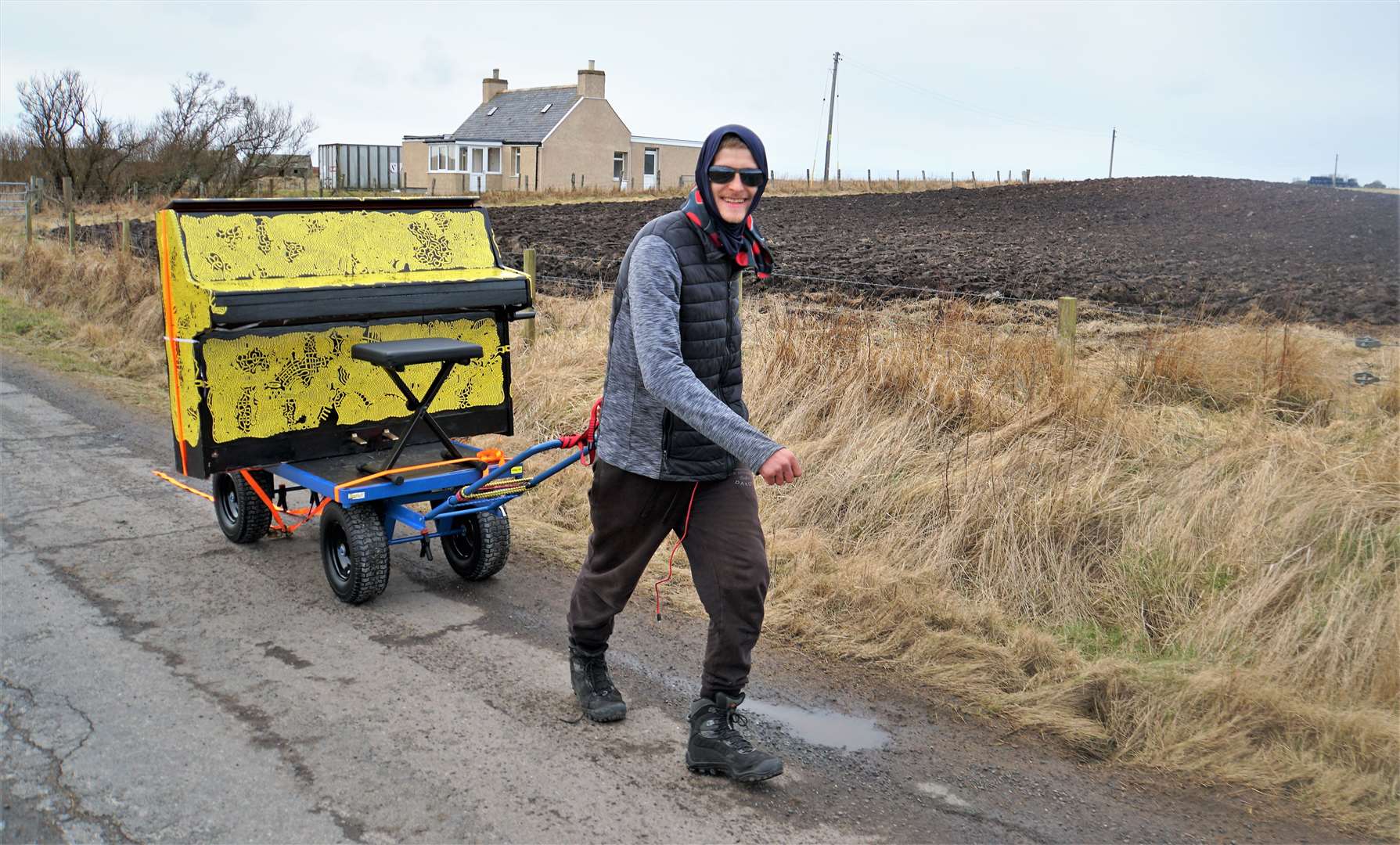 James Tofalli, aka Piano James, pictured in the Freswick area shortly after starting his charity challenge to pull a piano from John O'Groats to Land's End. Pictures: DGS