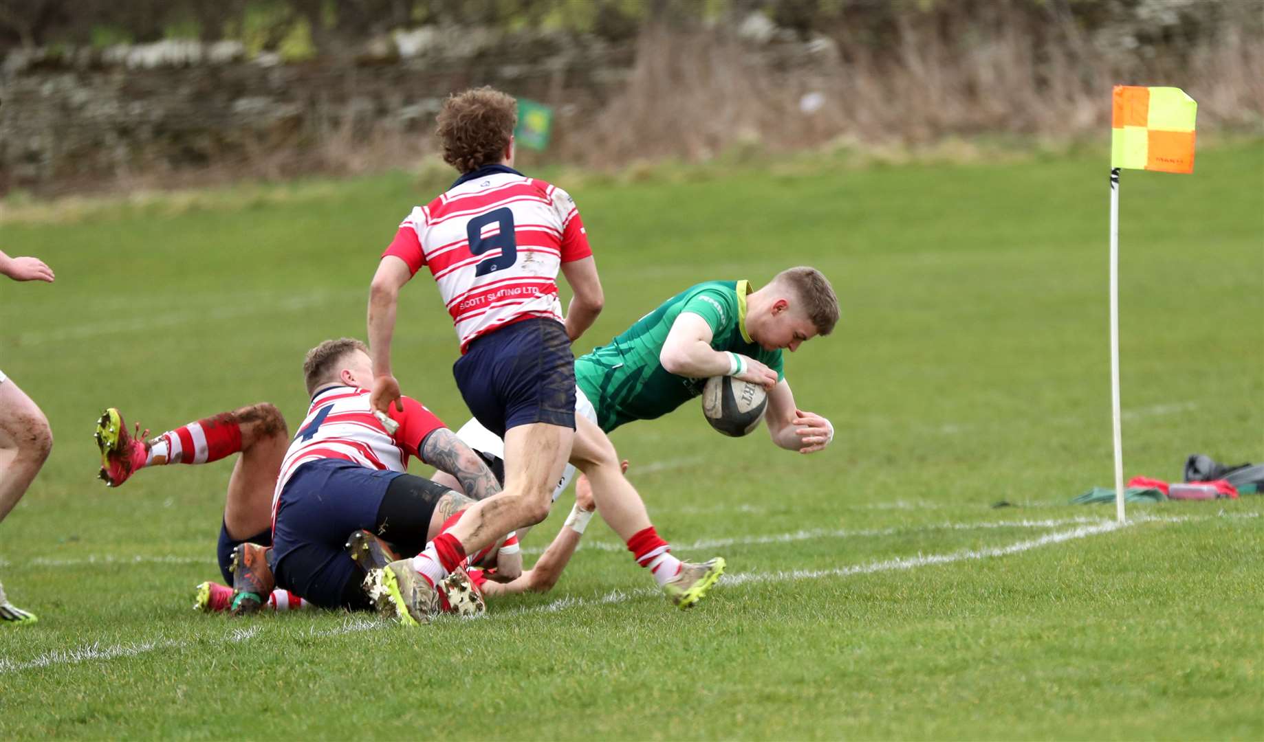 Drew Mathieson goes over for the Greens' third try against Moray at Millbank. Picture: James Gunn