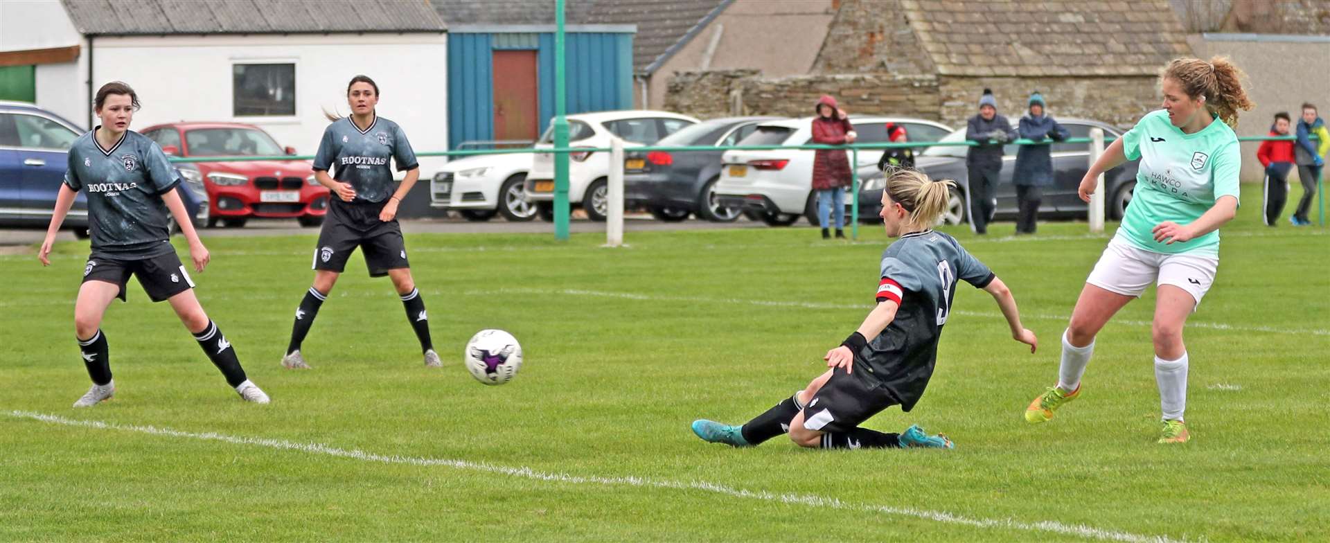 Carly Erridge slots in her third goal of the afternoon in Caithness Ladies' 5-2 win against Ross and Cromarty last month. Picture: James Gunn