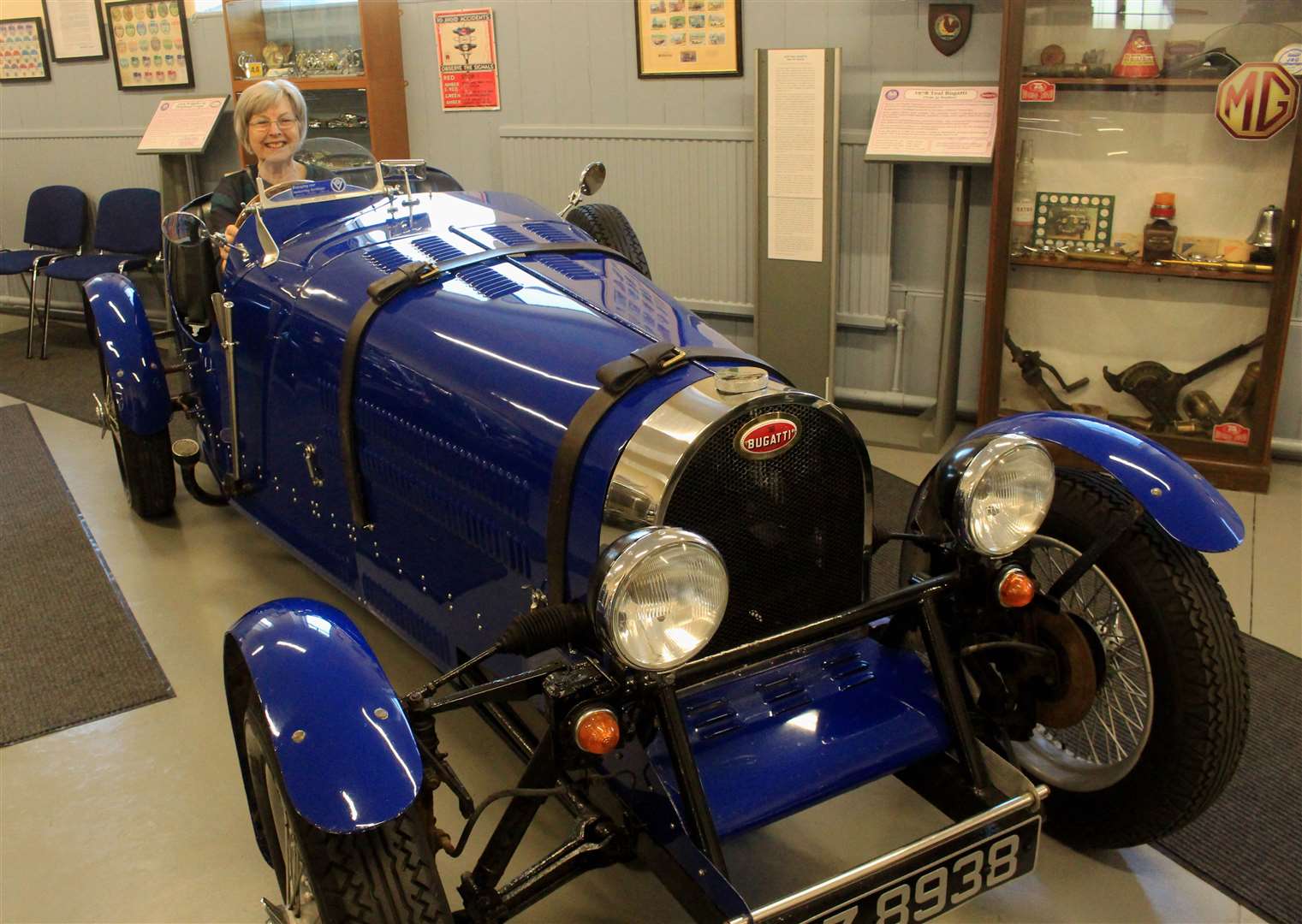 Janet Mowat at the wheel of a replica Bugatti.