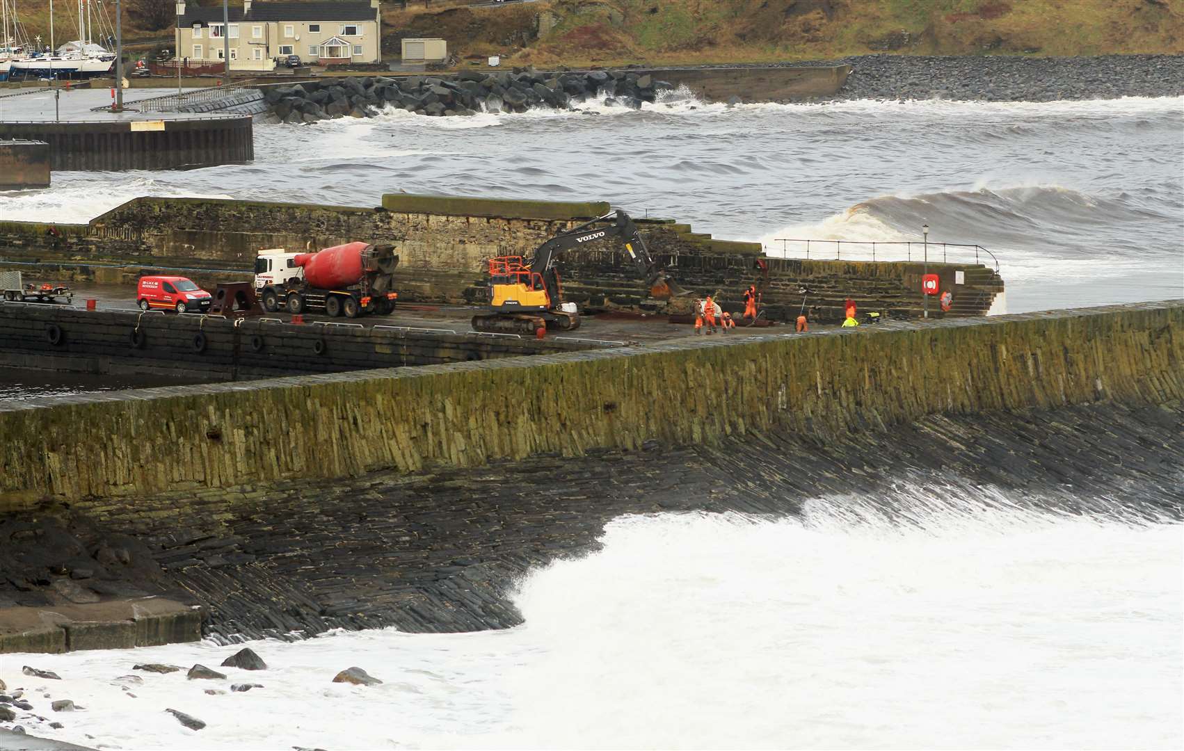 Work continuing on Friday at Wick's outer harbour quay. Picture: Alan Hendry