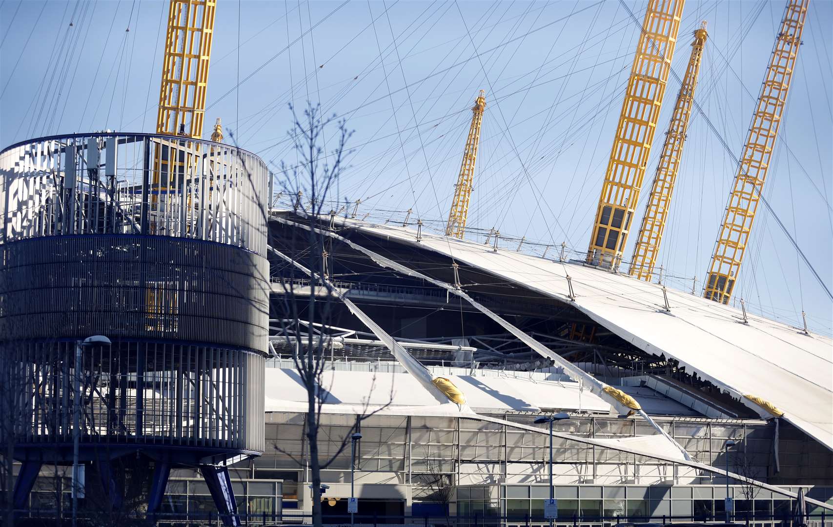 Damage to the roof of the O2 Arena, in south east London, caused by Storm Eunice (Steven Paston/PA)