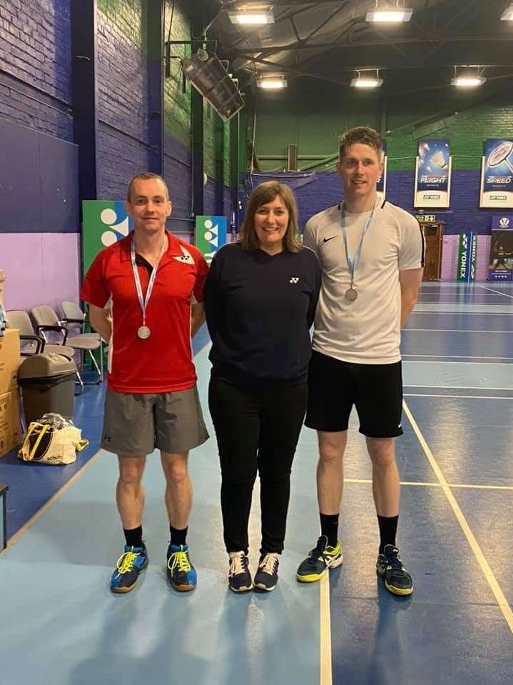 Wick's John Durrand (left) and Martyn Cook of Dorrery with Carolyn Young of Badminton Scotland.