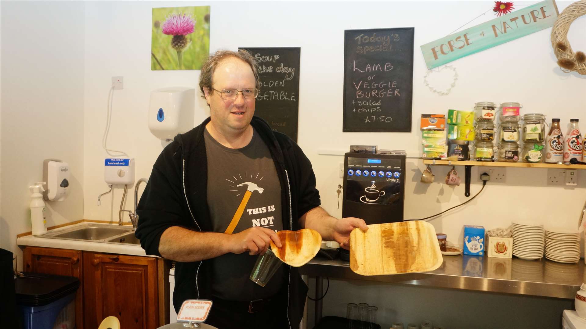 The eco-friendly café uses biodegradable trays and cups.