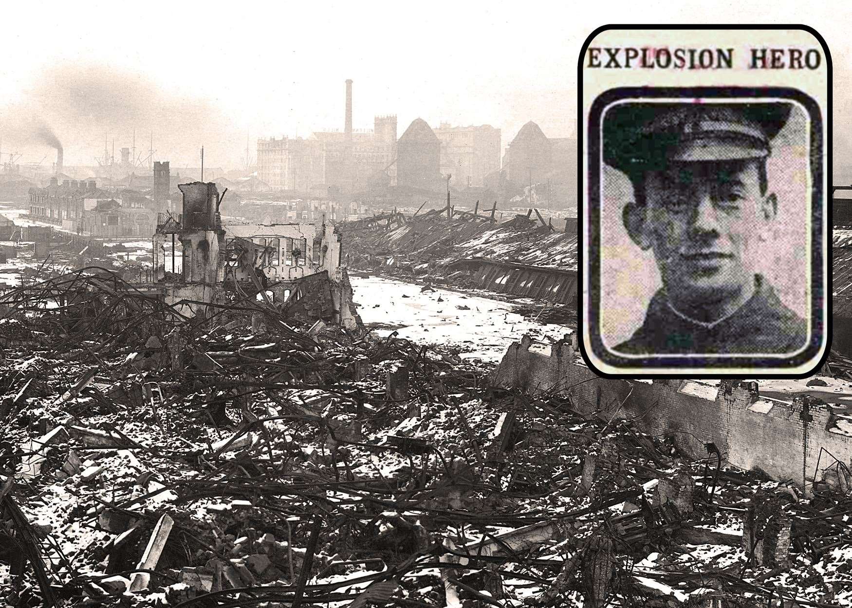 The aftermath from the explosion with an inset of Captain William Manson.