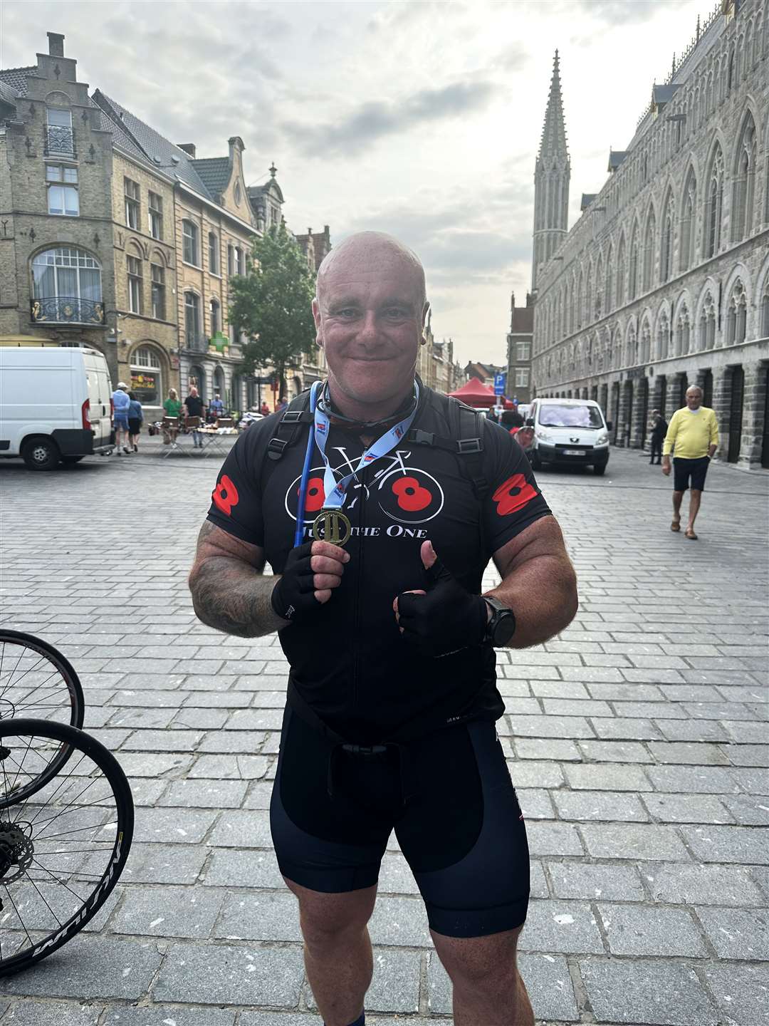 Kev Stewart after completing the Royal British Legion's three-day Pedal to Ypres challenge.