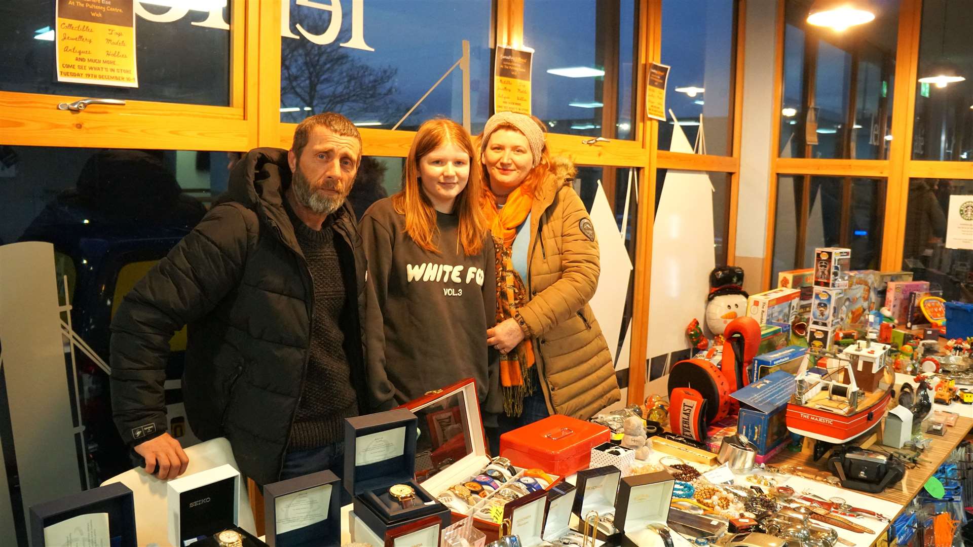Donald Dale, Melissa Stubbings and her daughter Kelsey at their pop-up shop at the Pulteney Centre in Wick. Picture: DGS
