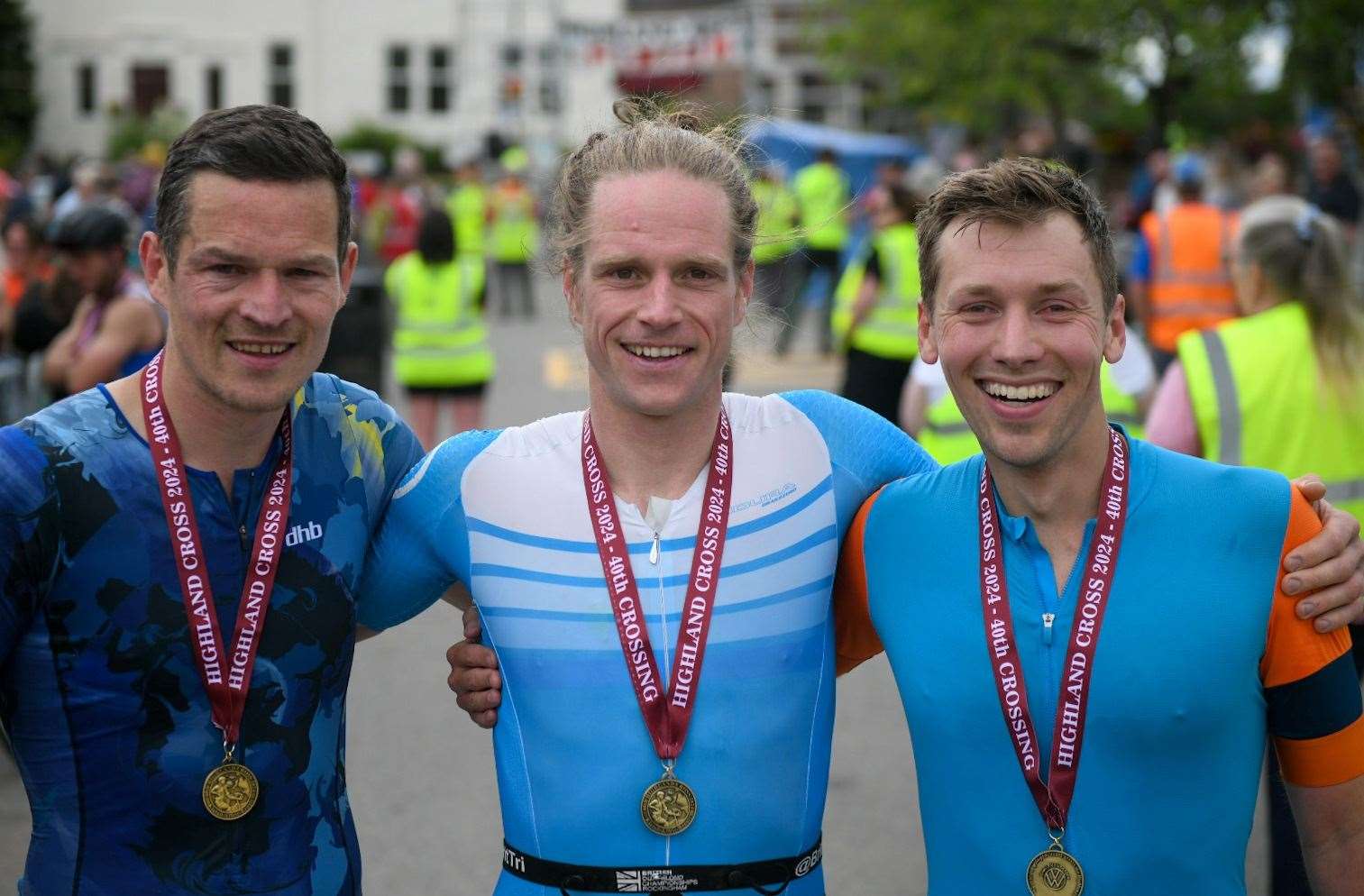 Highland Cross champion Ewan Brown with Gordon Lennox (left) in second place and James Taylor (right) who finished third. Picture: James Mackenzie.