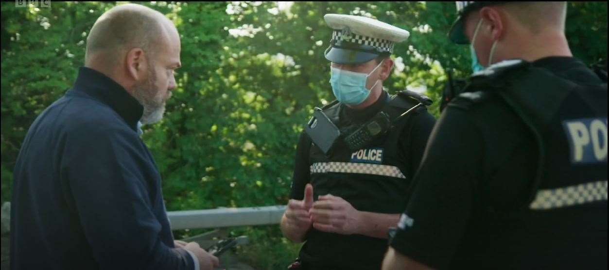 Anders Holch Povlsen with Highland traffic police after being caught speeding. Courtesy: BBC, Highland Cops.