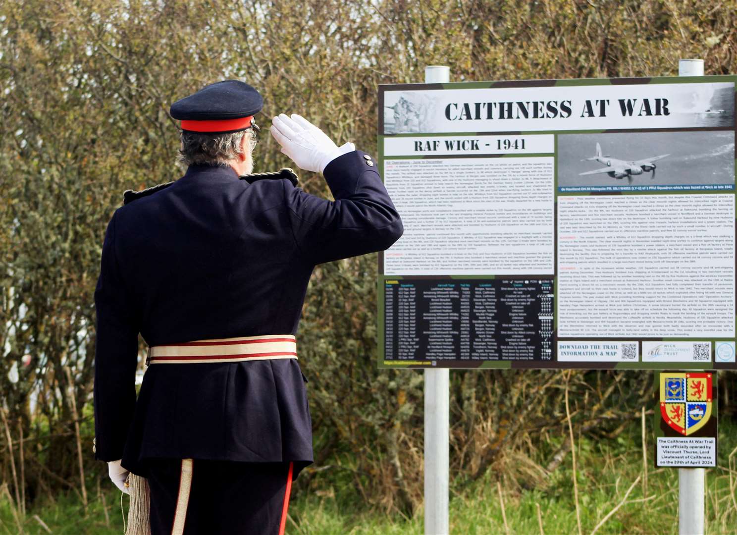 Lord Thurso, Lord-Lieutenant of Caithness, gives a salute after he officially opened the Caithness At War heritage trail. Picture: Alan Hendry