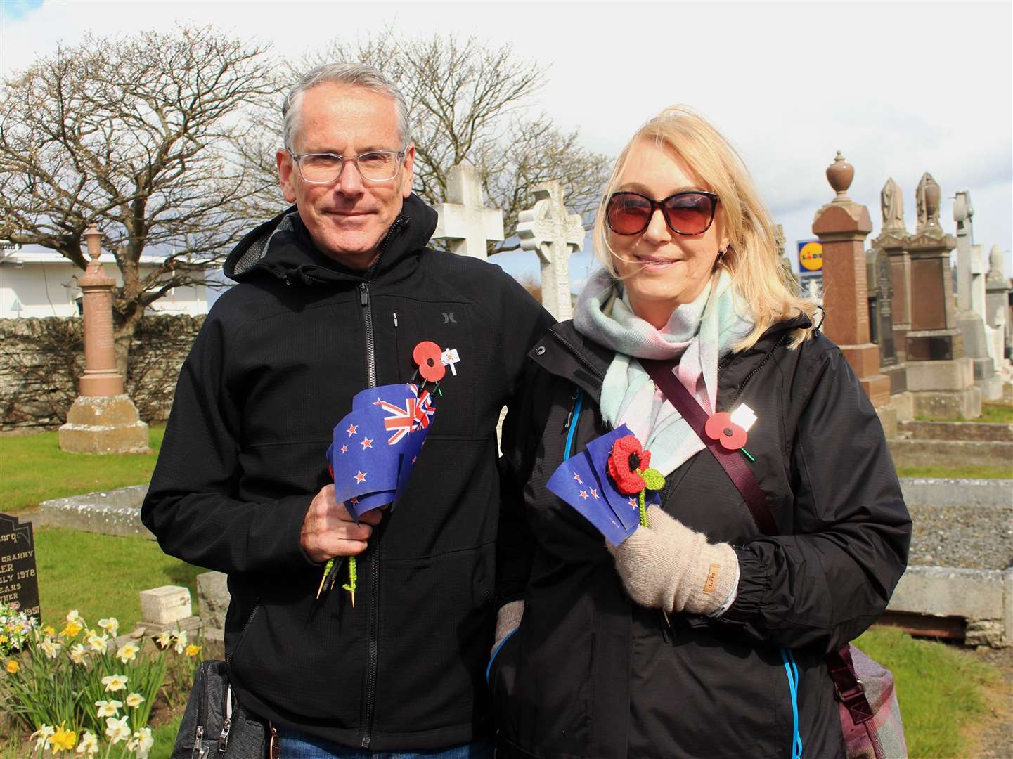 Husband and wife Tim and Nikkie Brinkley from New Zealand at Wick cemetery for the Anzac Day service. Picture: Alan Hendry