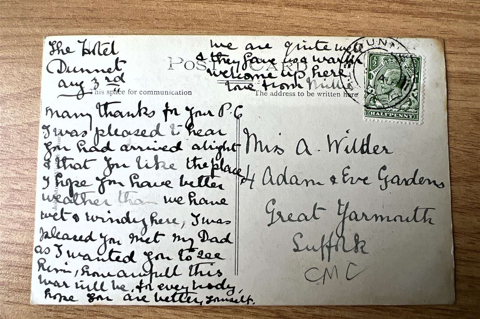 The WWI-era postcard sent from the great house by a visitor saying how the weather is bad and 'how awful this war will be for everyone'. ”