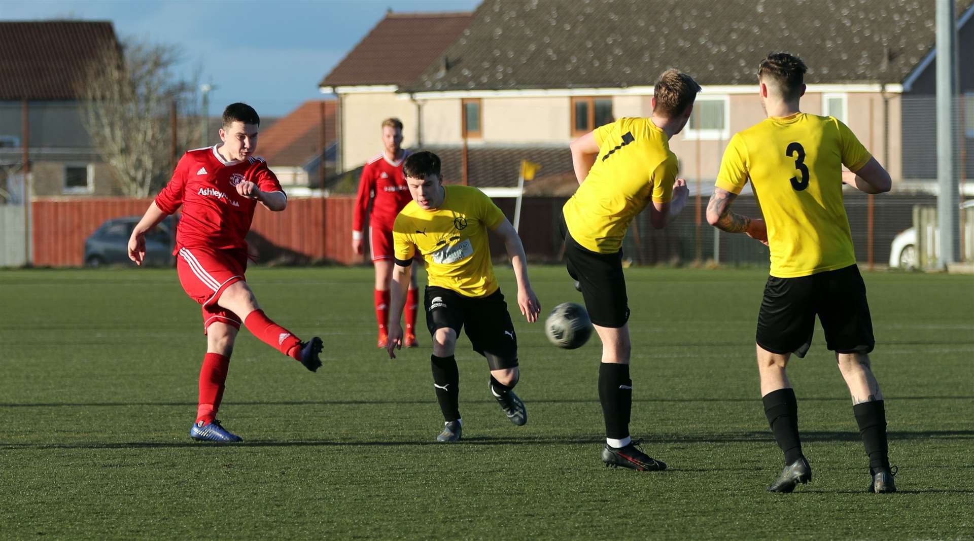 Jack McKechnie attempts a shot during Thurso's North Caledonian Cup quarter-final against County Nairn 'A' in Naver last month.  County won on penalties that day and the Vikings will be out for revenge when the teams meet again in the league this weekend.  Photo: James Gunn