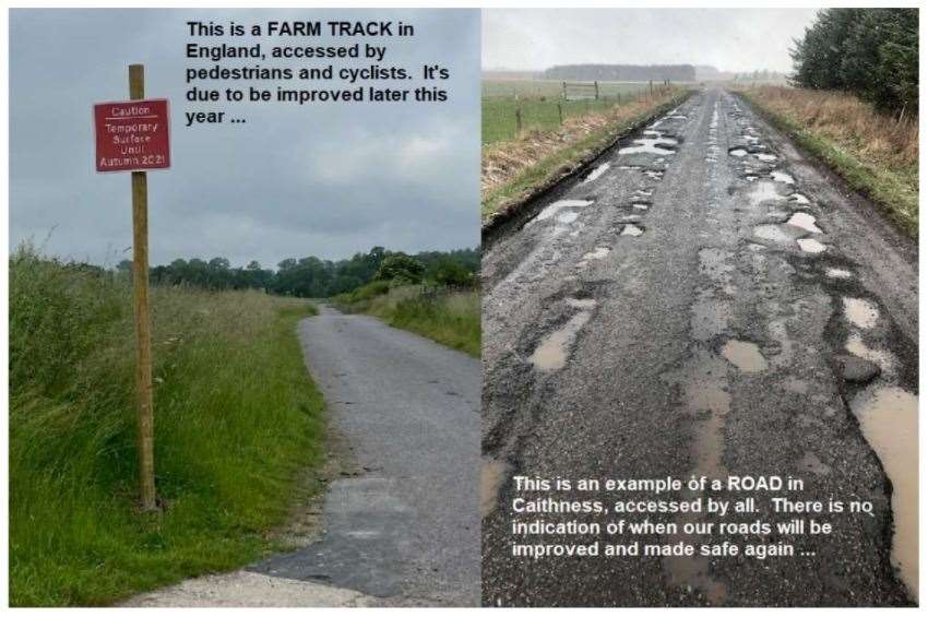 An image from the report which compares a farm track in England - due for upgrade - with a public road in Caithness.