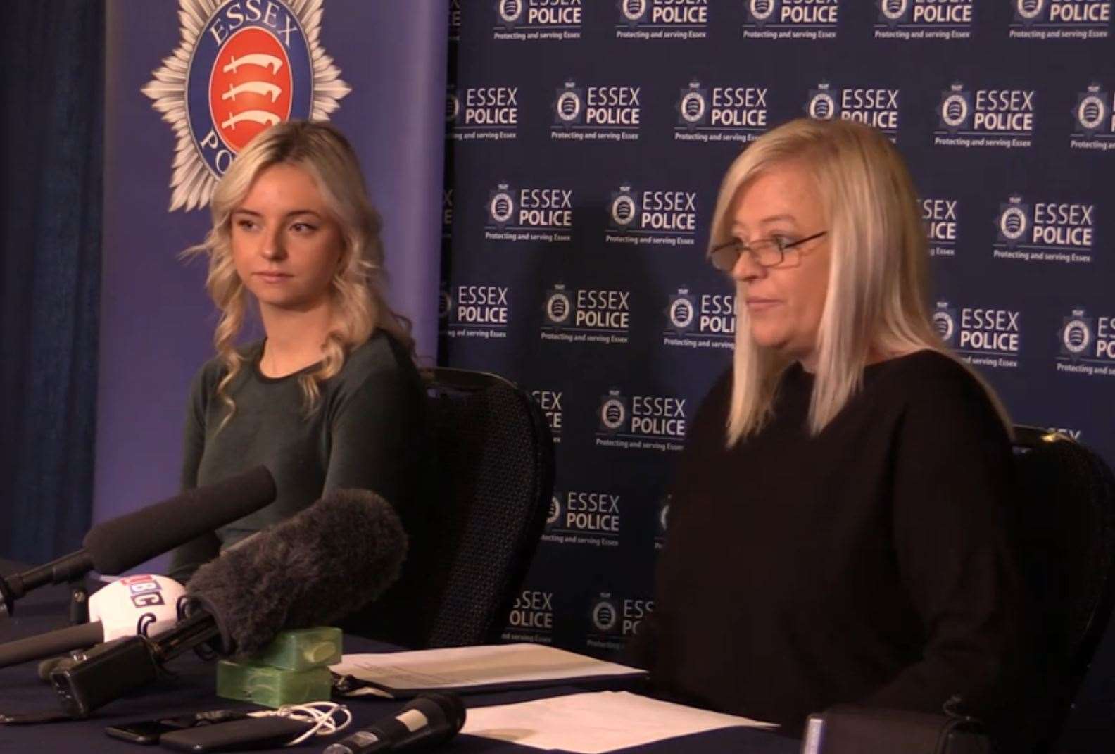 Nicole Dobbin, the widow of Simon Dobbin, speaking at an Essex Police press conference, alongside their daughter, Emily Dobbin, 22, in 2021. (Sam Russell/PA)