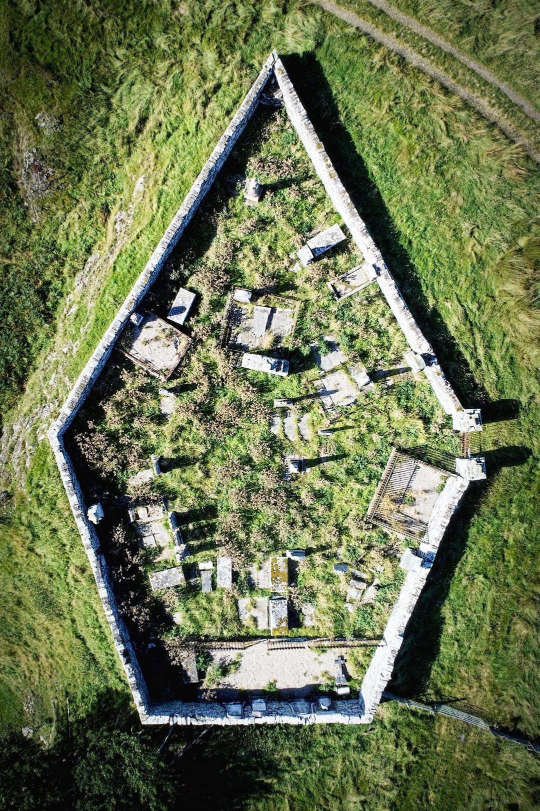 This view directly above Dirlot Cemetery shows how it had been constructed in a slim pentagon shape somewhat like an arrowhead. Picture: Angus Mackay