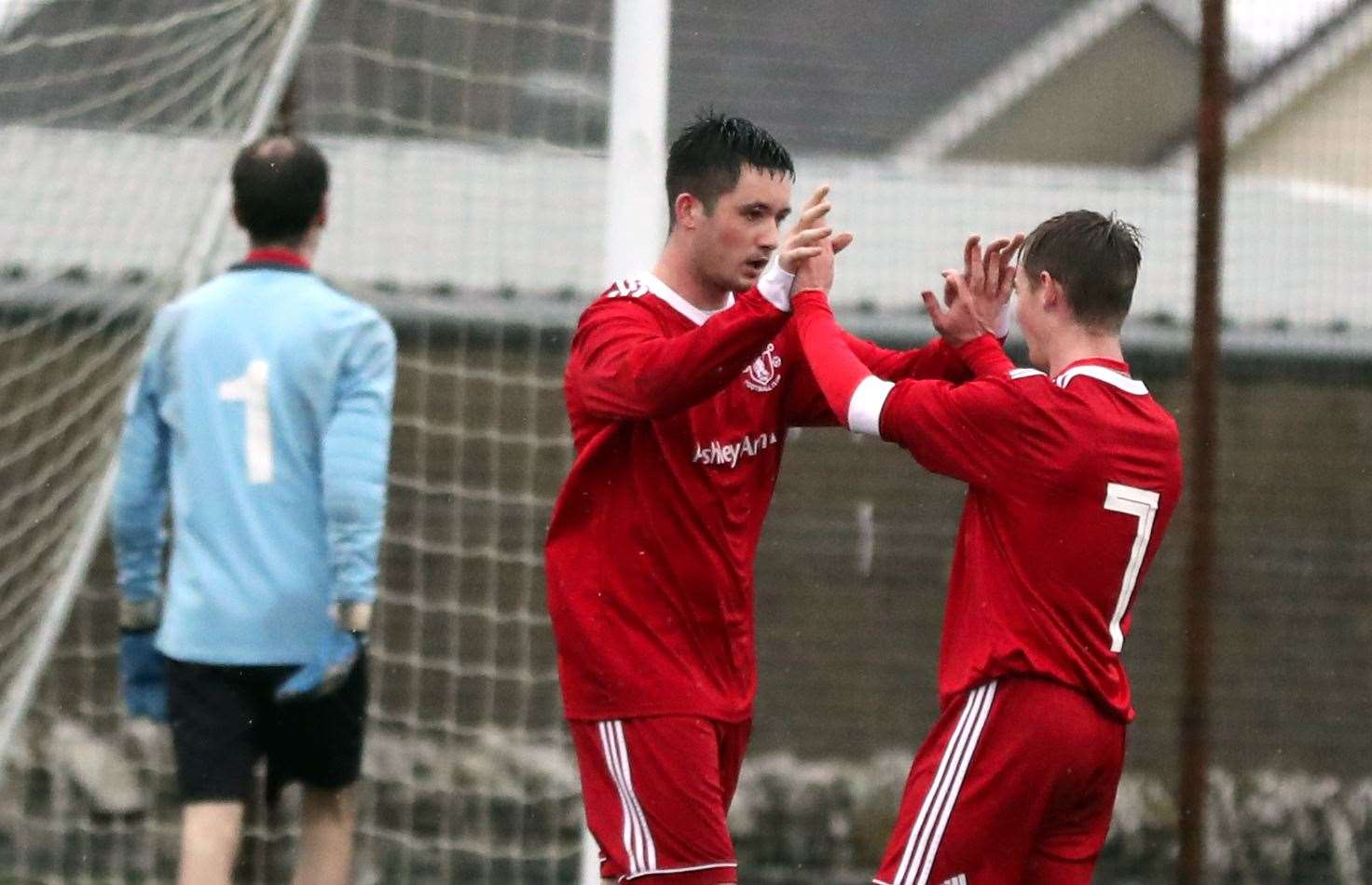 Goal hero Conor Macintosh (left) is congratulated by Cameron Montgomery during Thurso's 6-1 win against Bonar Bridge. Picture: James Gunn