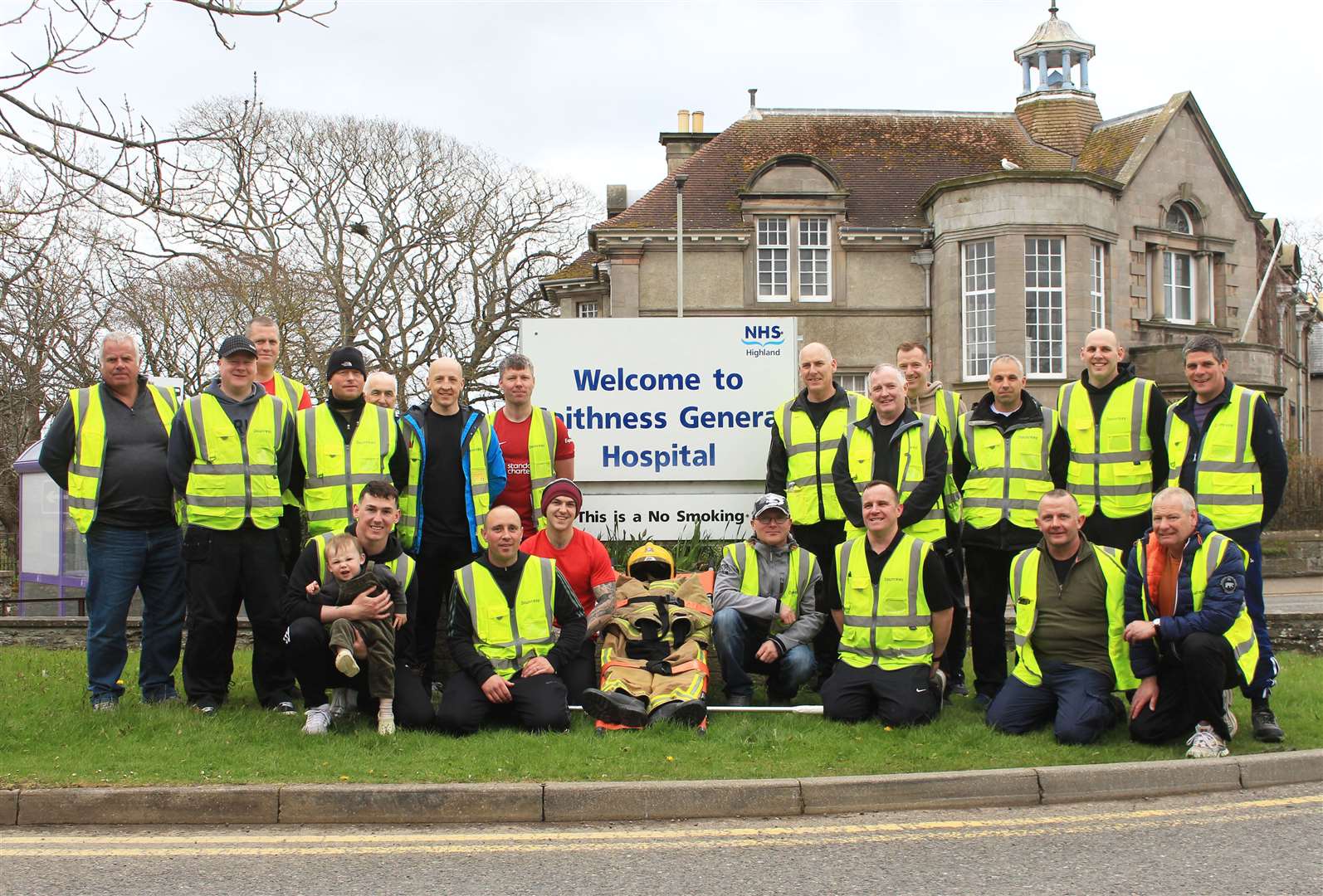 Members of the Dounreay Fire, Ambulance and Rescue Service at Caithness General Hospital on April 28 after their sponsored stretcher-carry in aid of two good causes. Picture: Alan Hendry