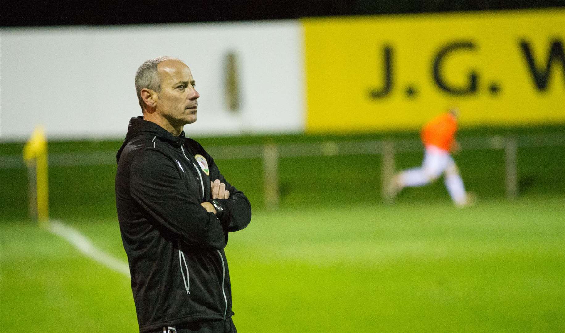 Forres Mechanics' new manager Gordon Connelly looks on during their 7-0 defeat to Rothes at Mosset Park. Picture: Becky Saunderson