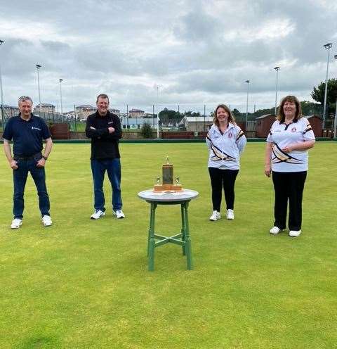 From left: McIntyre four-bowl runners-up Harry Cormack and Charlie Smith with winners Fiona Macleod and Janet Sinclair.