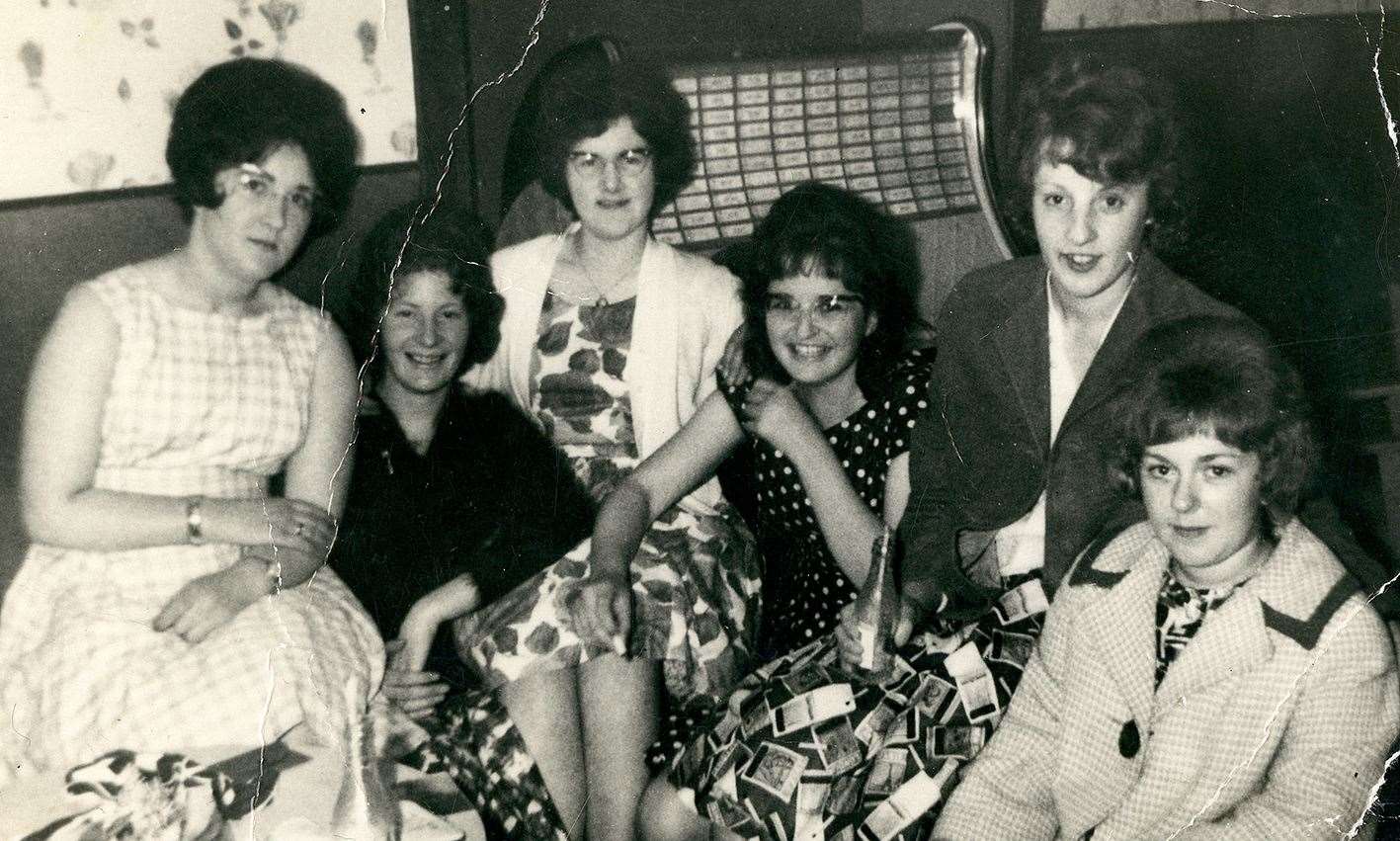 A happy group of girls in the Castletown café in 1961. From the left: Anne Moodie, Rita Wares, Sheila Mackenzie, Virgina Geddes, Margaret Henderson, Marie ?. (Virginia Manson)