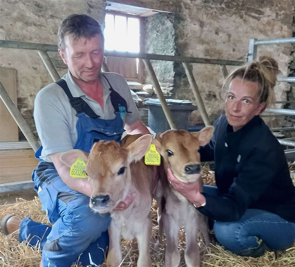 David Campbell and his wife Lesley at Thrumster Mains with the twin heifer pedigree calves got by AI using a sexed straw of semen from the Cogent bull Grazeland Lemonhead Devinci. Picture: Willie Mackay