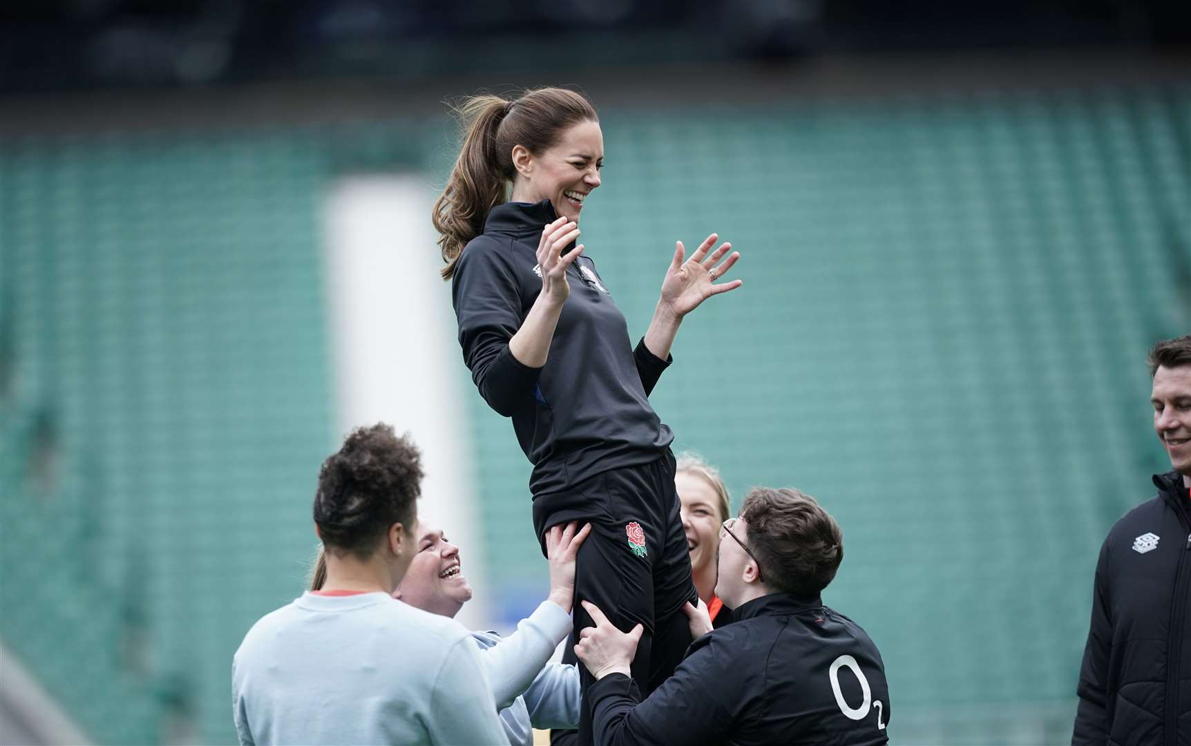 Kate is lifted up in a line-out as she plays rugby in her new role as patron of the Rugby Football Union during a visit to Twickenham Stadium (Yui Mok/PA)