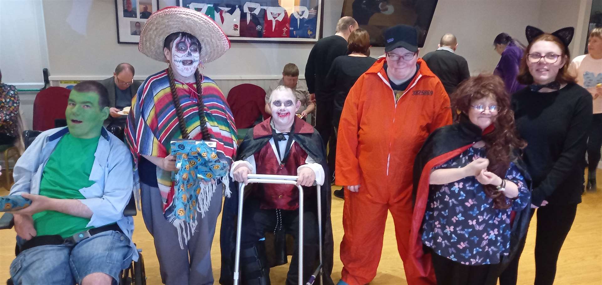 Halloween costume winners at the Monday Club – (from left) Kevin Sutherland, Garry Jamieson, Mark Atkins, Claire Madden, Eileen Crockit and Sarah Mowat. Picture: Willie Mackay