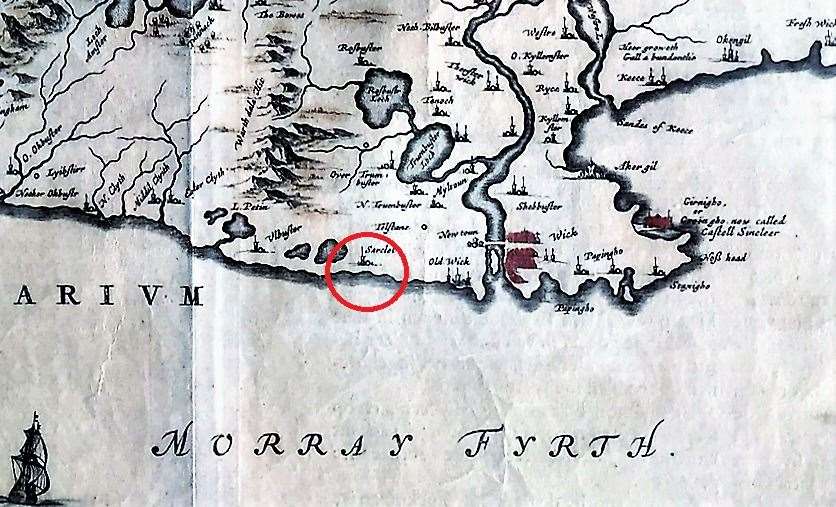 Timothy Pont map from the 1600s showing a tower at the site in Sarclet.