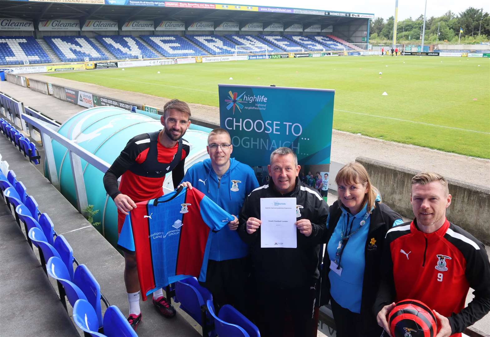 Alyn Gunn (second from left) with Caley Thistle captain Sean Welsh (left), the club's head coach Billy Dodds, Elizabeth McDonald, High Life Highland leadership programme development officer, and Caley Thistle striker Billy Mckay.