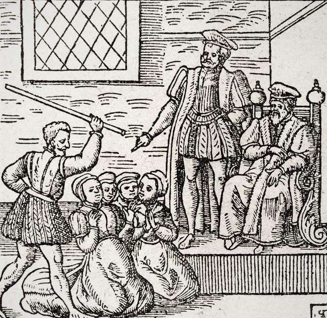 This illustration is from James VI's 1597 treatise on witches and shows the king himself conduct an interrogation in Scotland.