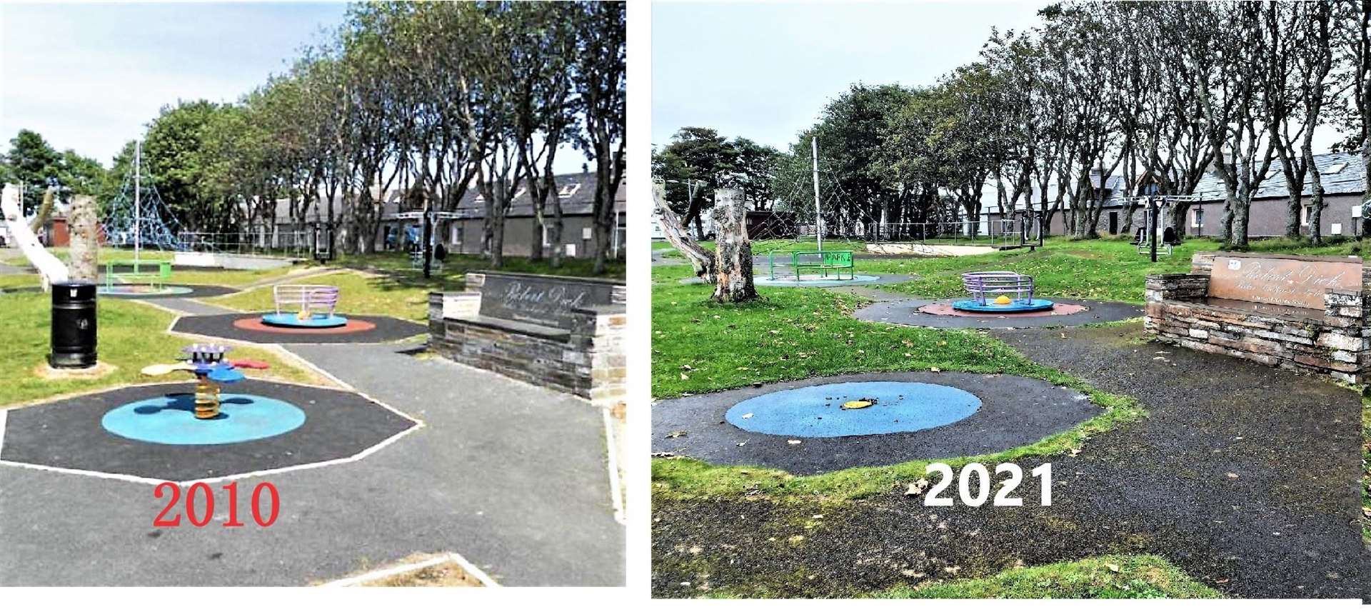 Thurso boating pond play area in 2010 and at present showing how dilapidated it has become.