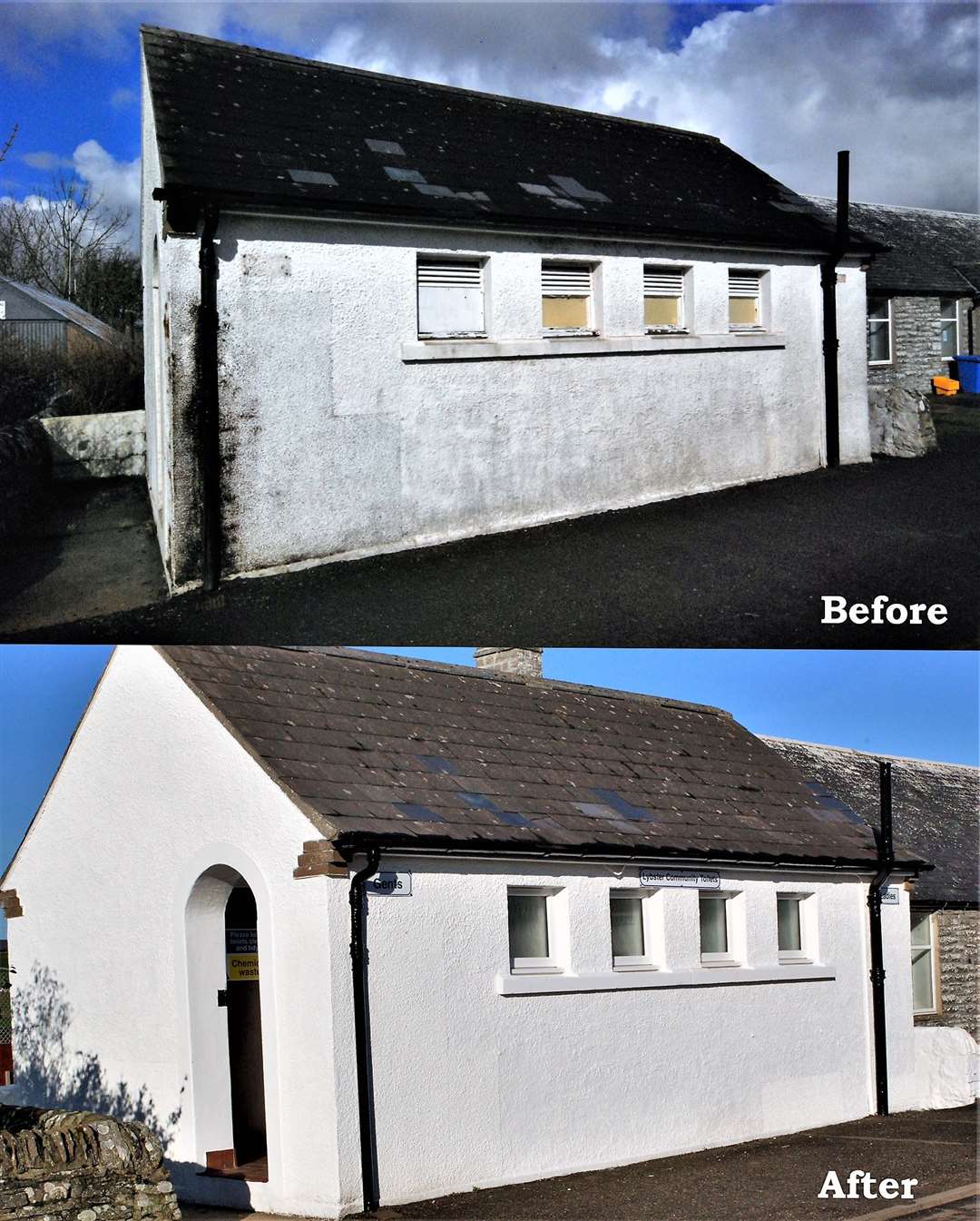 Before and after images of the Lybster toilet facility.