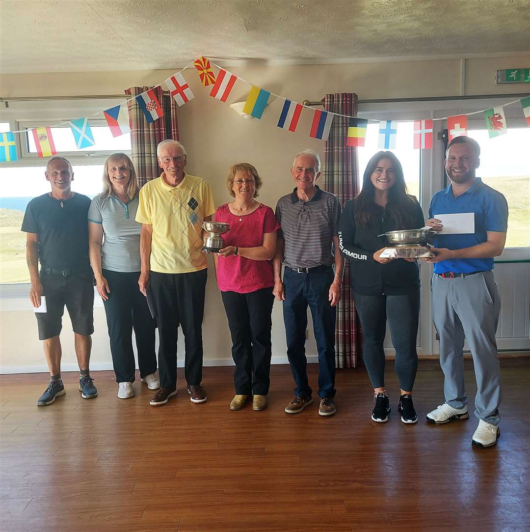 Prizewinners from the Reay Mixed Open (from left) – Donald Mowat and Carol Paterson, handicap runners-up; Jack Johnstone and Tricia Macdonald, handicap winners; Fred Groves, honorary club president; and Eleanor Tunn and Gavin Sutherland, scratch winners.