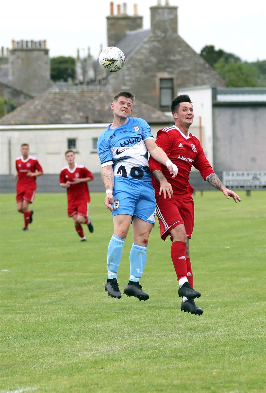 Martin Mainland of Loch Ness in an aerial duel with Thurso's Connor Macintosh. Picture: James Gunn