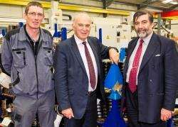 Vince Cable and far north MP John Thurso pictured at the base of Dunbeath Engineering which they were shown round by production manager Angus McGuire. Photo: Angus Mackay Photography