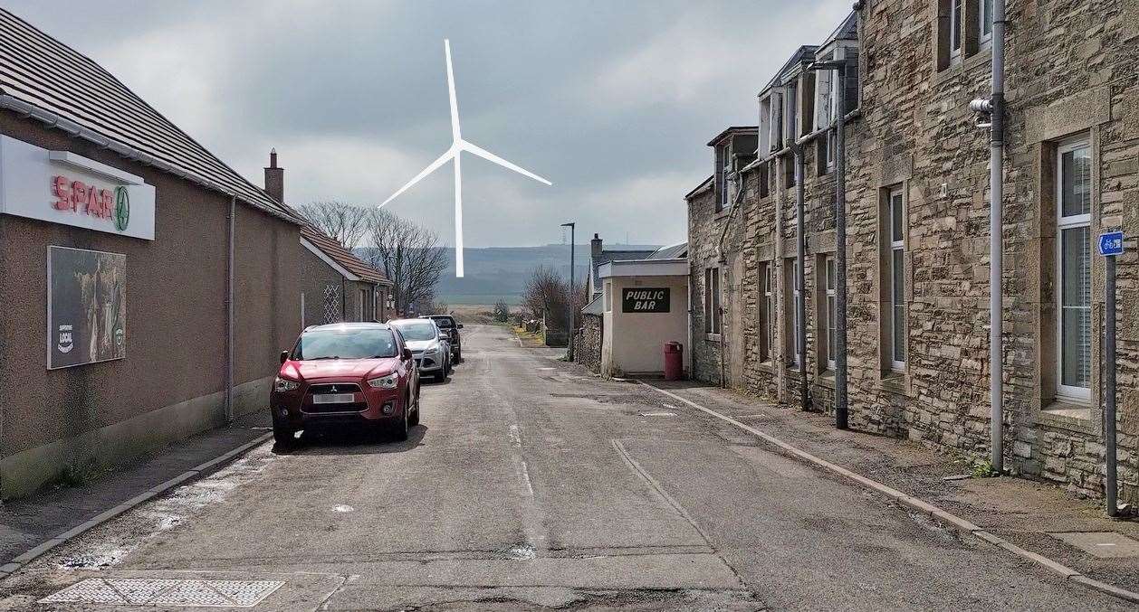 A visualisation produced by the objectors for comparative purposes, placing a wind turbine some 1500m from the crossroads in the centre of Castletown so that residents of the village ‘can gain an impression of what we are facing’. Picture: No to Swarclett