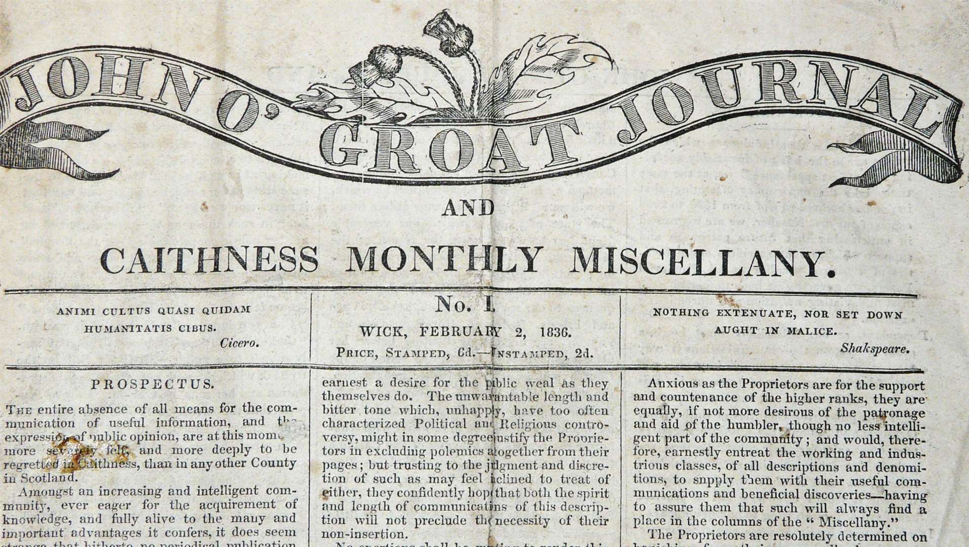 The masthead of the first edition of the John O'Groat Journal, February 2, 1836. Old newspapers have proved helpful for family history research.