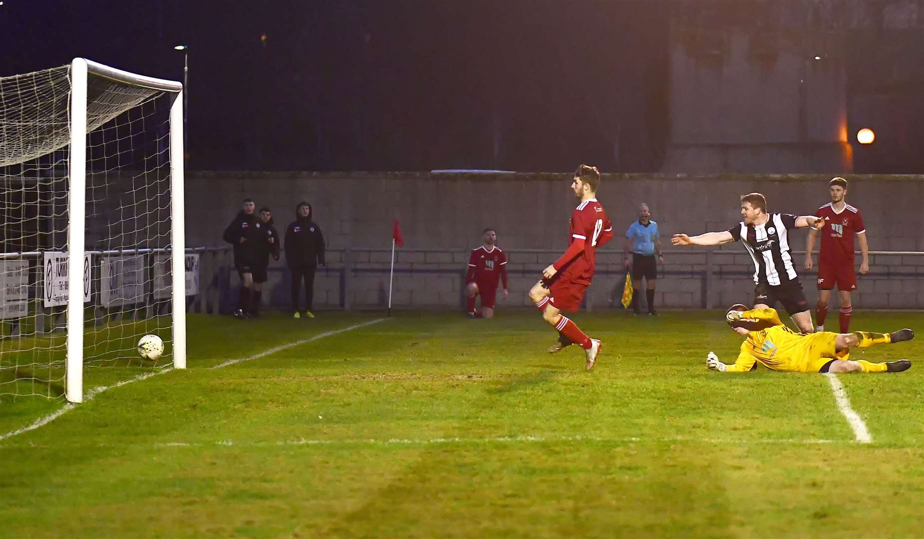 Davie Allan watches as his shot crosses the line for Wick's fourth goal at Princess Royal Park. Picture: Mel Roger