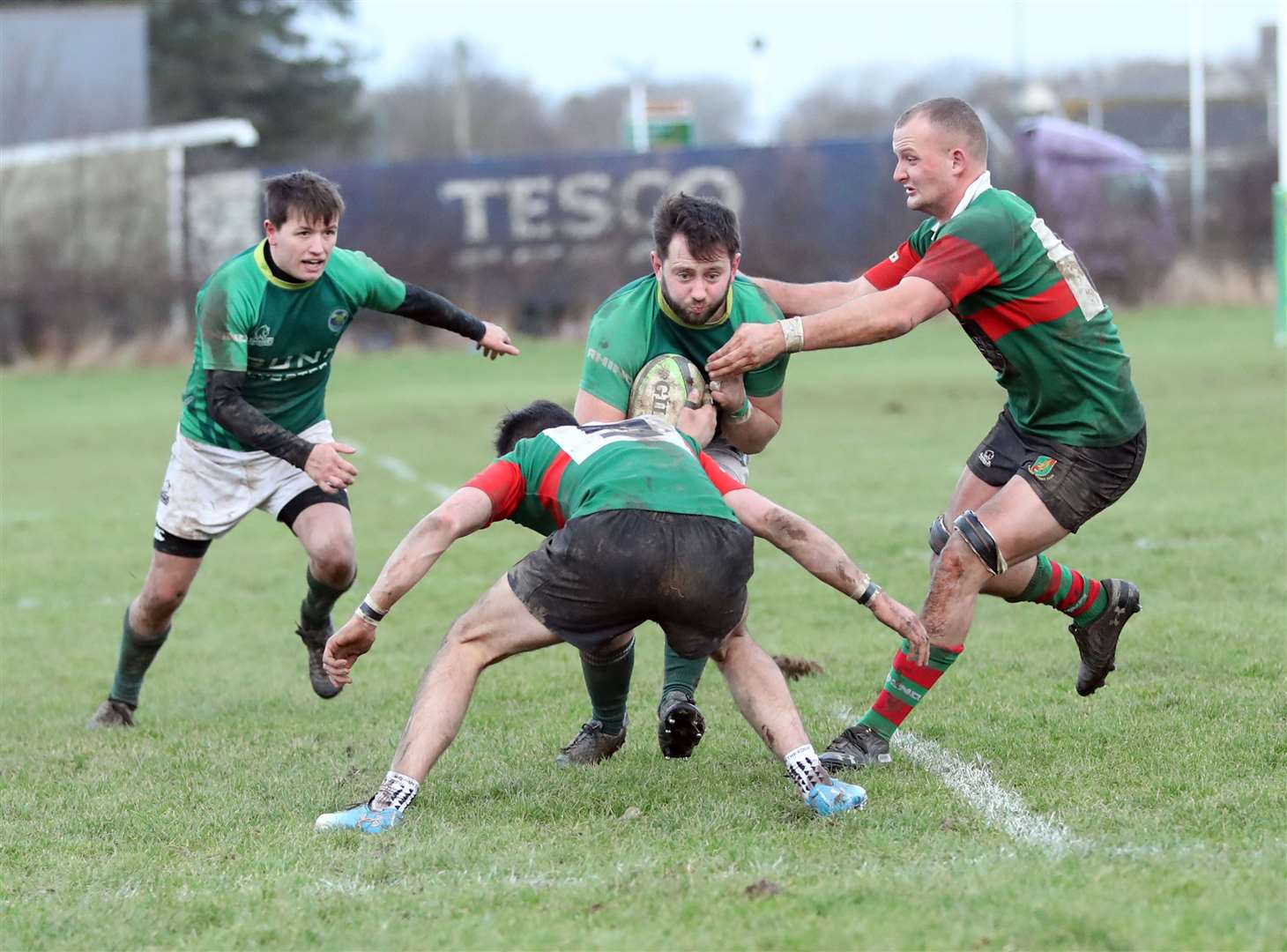 Gordie Macleod scored the Greens' second try against Carnoustie. Here he is being stopped by in his tracks against Highland 2nd XV in January. Picture: James Gunn