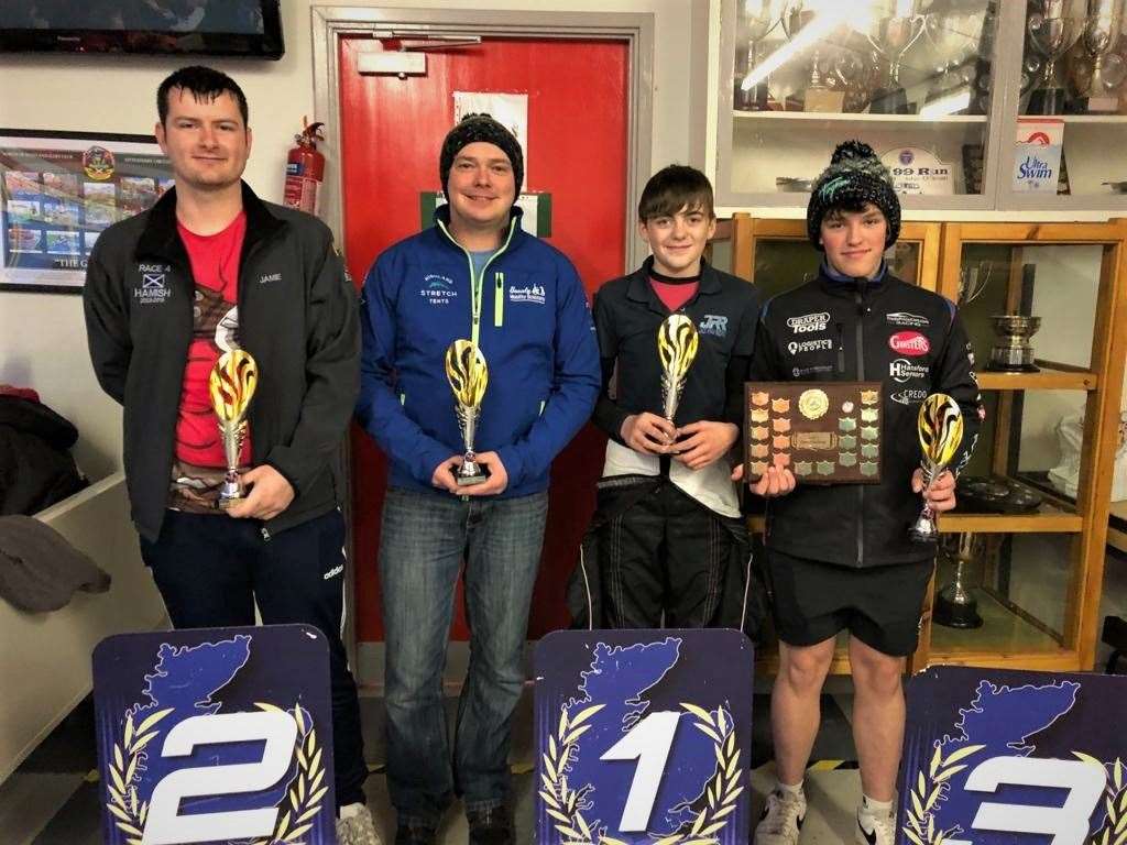 The team challenge winners (from left to right) Jamie Mackay, senior KZ gearbox driver Ryan Magennis, Beauly, Castletown junior max competitor Jack Ryan, and Craig Stephen, junior max driver from Banff.